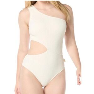 Michael Kors One Shoulder Cutout Swimsuit Bone White MM7Y827 Size 8 NWT